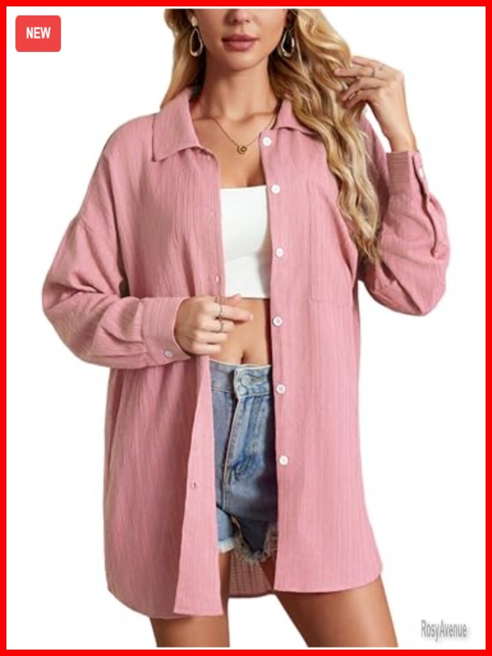 Women's Oversize Button Down Shirt Long Sleeve Casual Blouse with Pocket